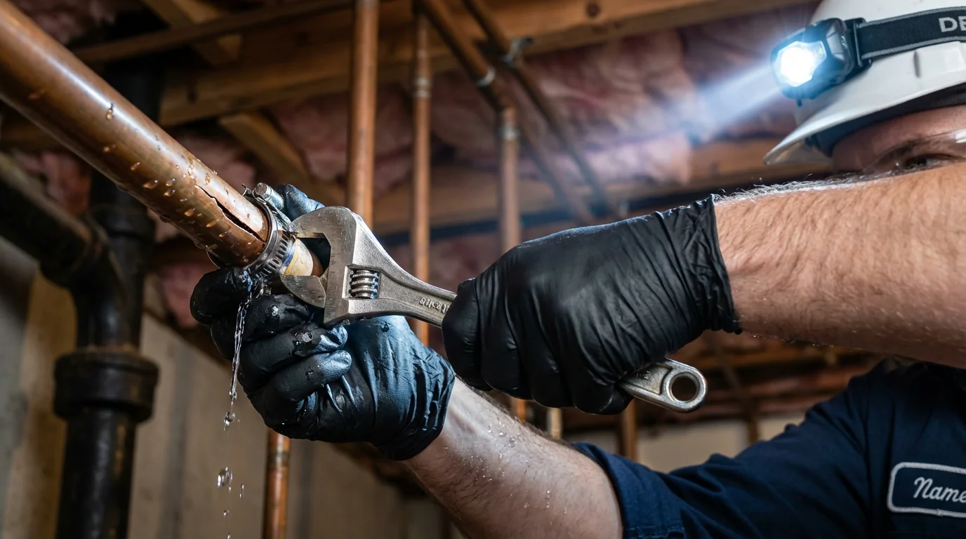 Emergency pipe clamp repair being performed by a Johns Plumbing LLC plumber in Buchanan