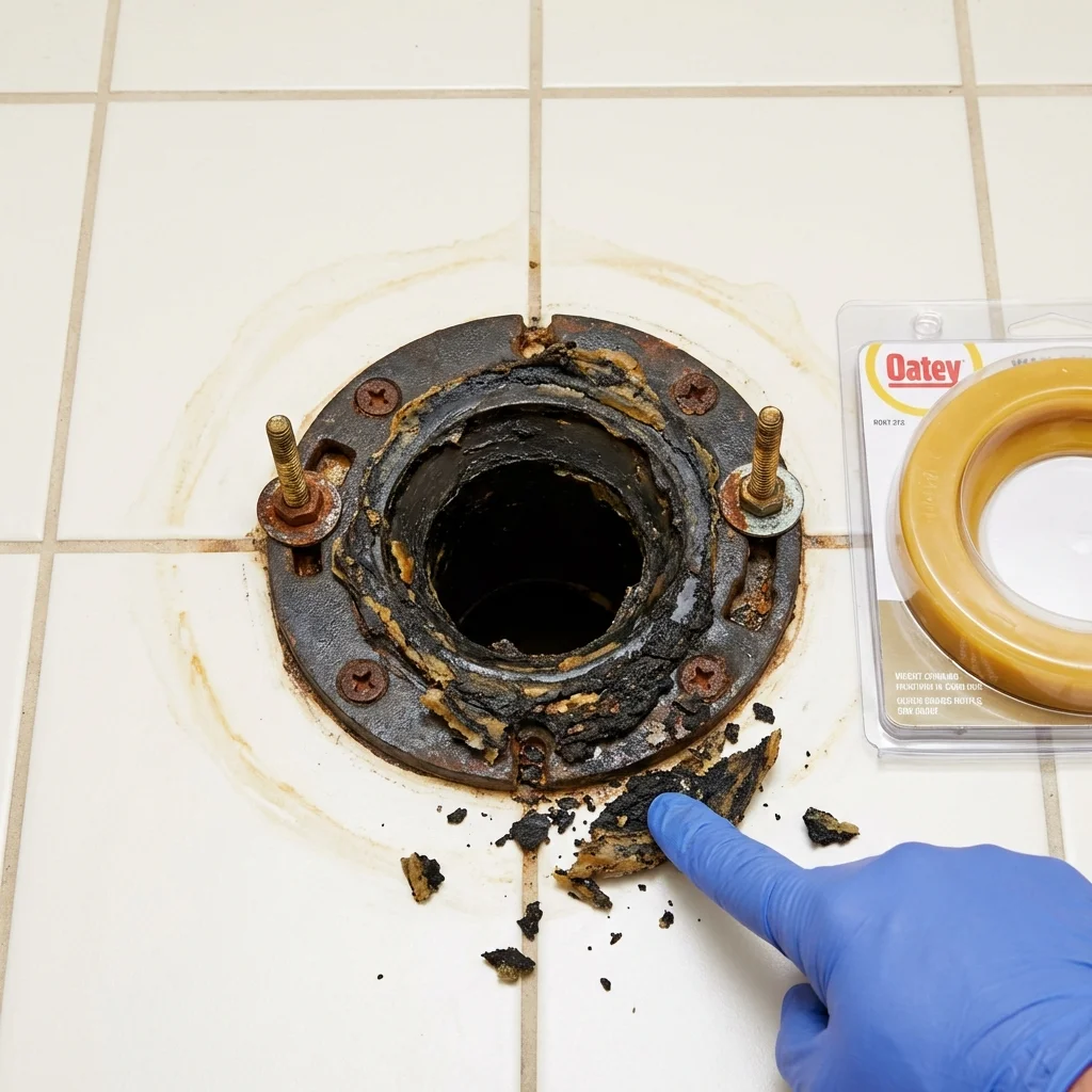 Failed wax ring showing water seepage at the base of a toilet in a Buchanan, MI home