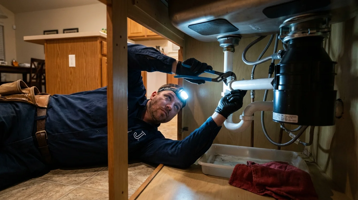 P-trap and supply line connections under a kitchen sink showing a common leak point in Buchanan, MI